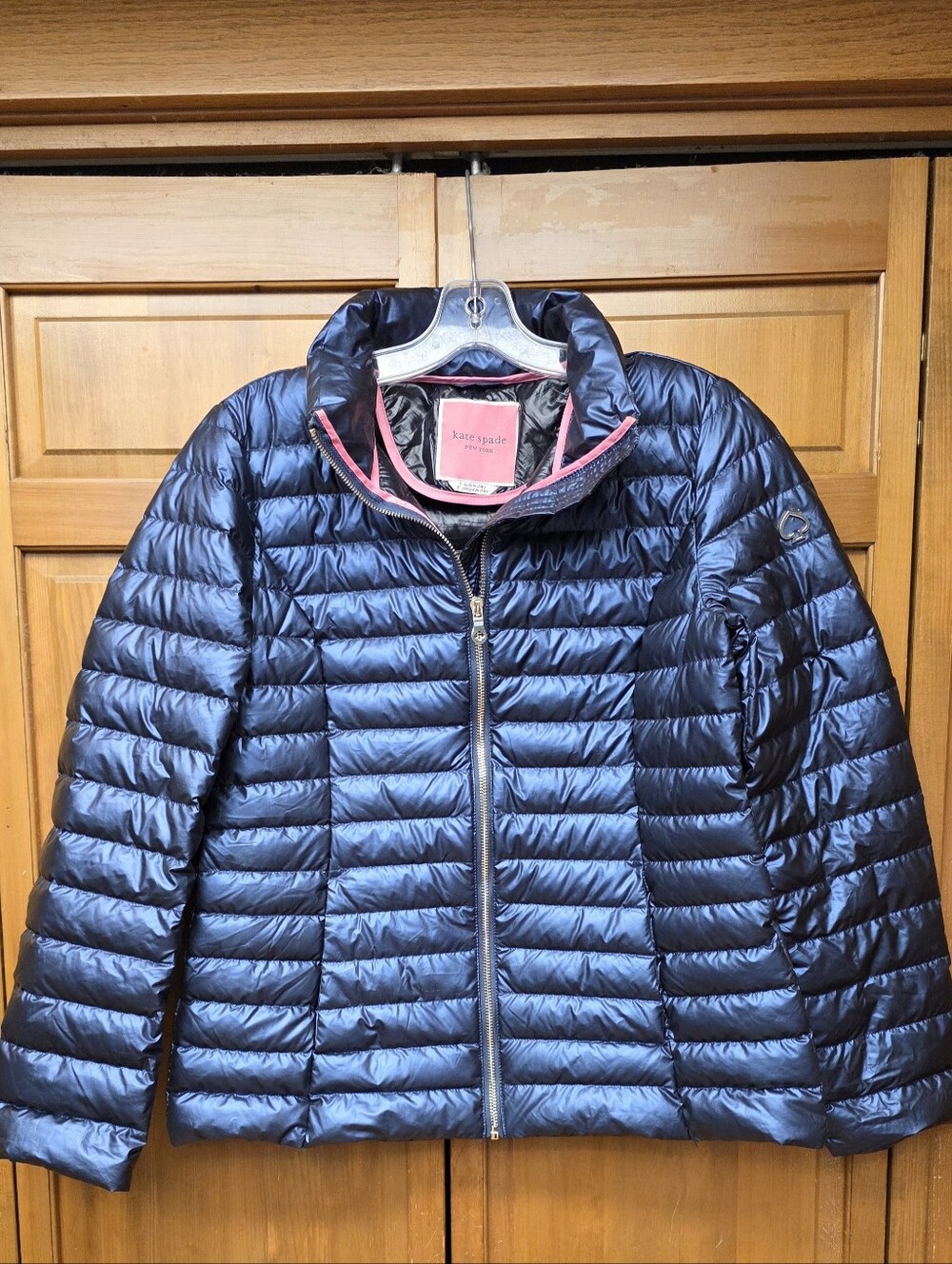Kate Spade Quilted Down Packable Puffer Jacket Hood Blue Pink Size Small